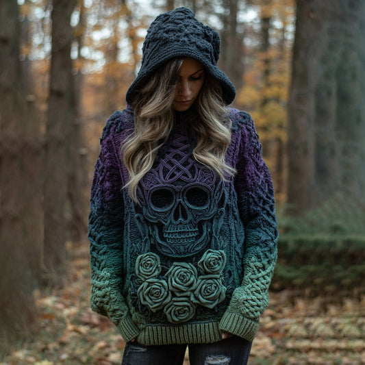 Women's Viking Tribal Jacquard Celtic With Rose And Skull Inspired Chunky Knit Hooded Sweater elevenforest