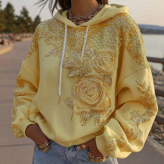 Women's Retro Yellow Rose And Honeycomb Pattern Casual Hoodie artswardrobe
