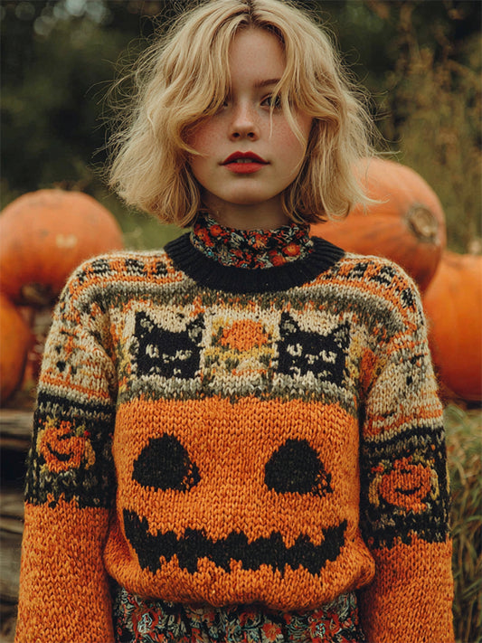 Comstylish Vintage Halloween Cats & Pumpkin Face Isle Pattern Cozy Knit Sweater