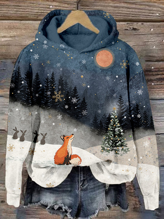 Forest Snow Fox Christmas Tree Graphic Comfy Sweatshirt artswardrobe