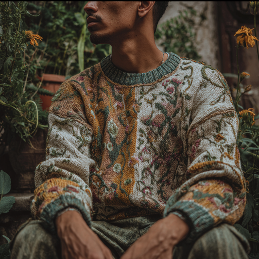 Men's Round-necked Sweater With Plant And Flower Patterns elevenforest
