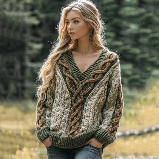 Vintage Irish Celtic Chunky Knit Cozy Warm V Neck Sweater elevenforest