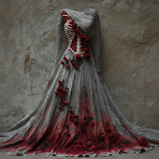 Comstylish Halloween Bloody Red Roses Skeleton Lace Linen Maxi Dress