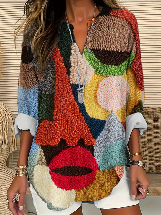Comstylish Face Geometric Abstract Art Women's Linen V-neck Long Sleeve Shirt
