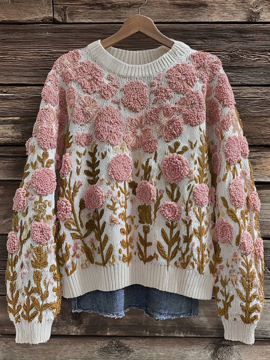 Vintage Pink Flowers Embroidered Crew Neck Cozy Sweater elevenforest