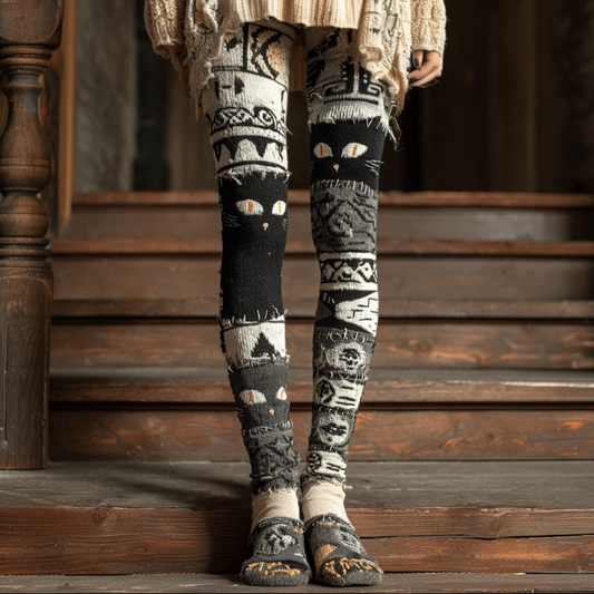 Halloween Fun Cat Design Women's Knitted Leggings elevenforest