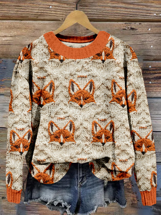 Cute Fox Knitted Crew Neck Cozy Sweater artswardrobe