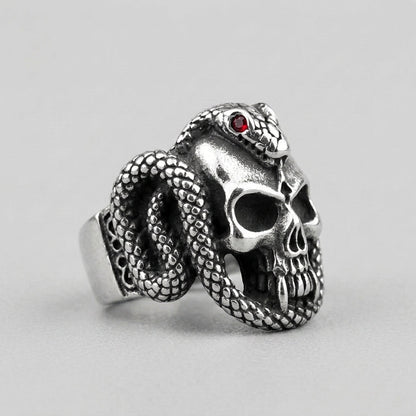 Snake and Skull Ring with Red Crystal Eyes