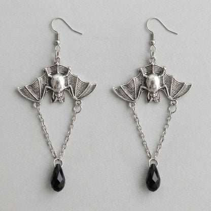Midnight Wingspan - Gothic Bat & Black Crystal Drop Earrings