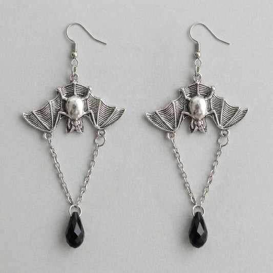 Midnight Wingspan - Gothic Bat & Black Crystal Drop Earrings