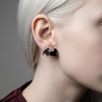 Dark Heart Takes Flight - Black Enamel Winged Heart Stud Earrings