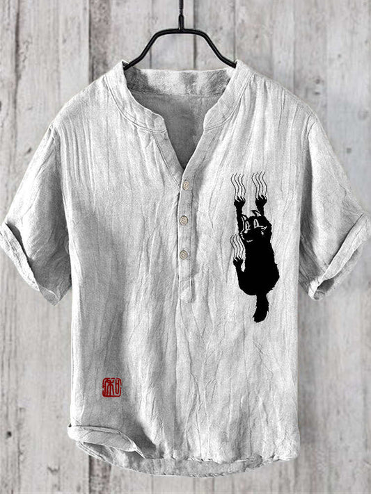 Hanging Cat Print Men's Linen V-Neck Shirt elevenforest