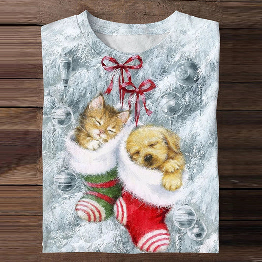 Cute Kittens And Puppies Christmas Print Long Sleeve T-Shirt elevenforest