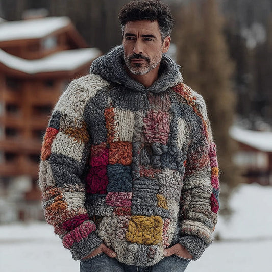 Men's Retro Geometric Color Block Chunky Knit Warm Hooded Sweater elevenforest