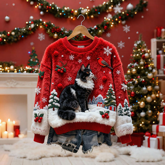 Comstylish Women's Christmas Cat-themed Plush Sweater