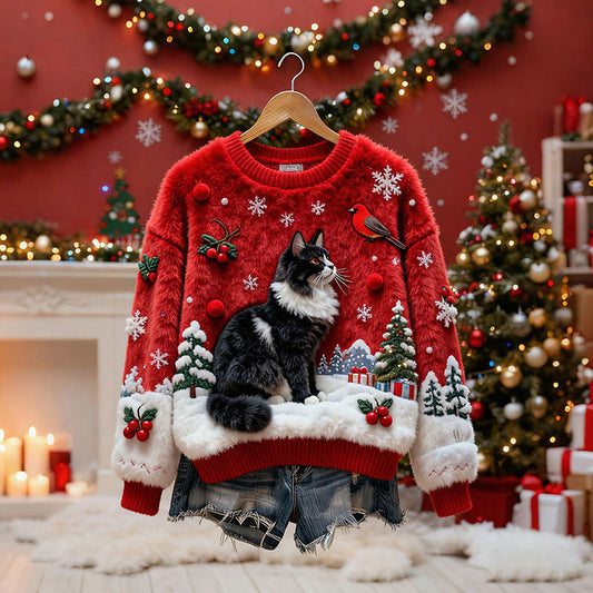Women's Christmas Cat-themed Plush Sweater elevenforest