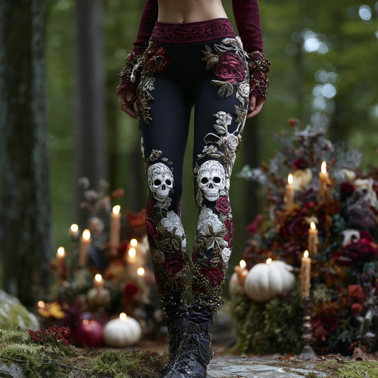 Comstylish Women's Vintage Rose Skull Art Comfort Leggings