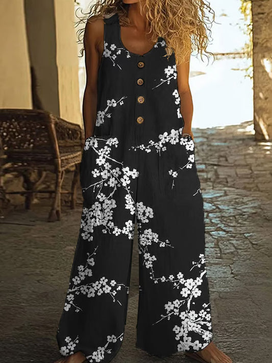 Comstylish Fashionable And Casual Cotton And Linen Floral Art Jumpsuit