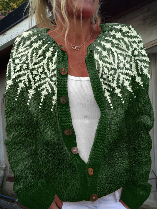Vintage Green Jacquard Cozy Knit Cardigan artswardrobe