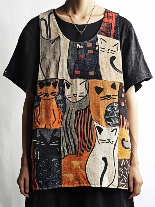 Vintage Cute Cats Graphic Cozy Linen Tank Top elevenforest