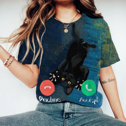 Comstylish Women's Abstract Creative Cute Black Cat Calling Art Print T-shirt