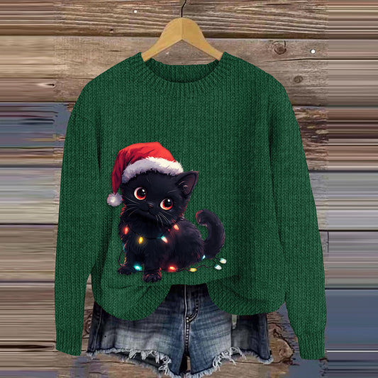 Comstylish Christmas Cat Print Knitted Cozy Sweater