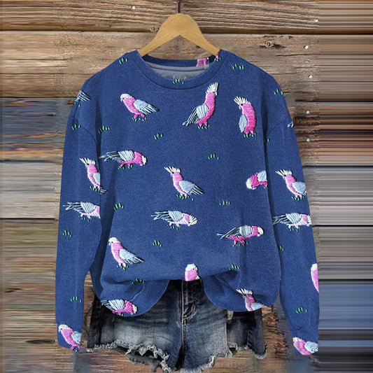 Embroidered Bird Art Print Long Sleeved Sweatshirt artswardrobe