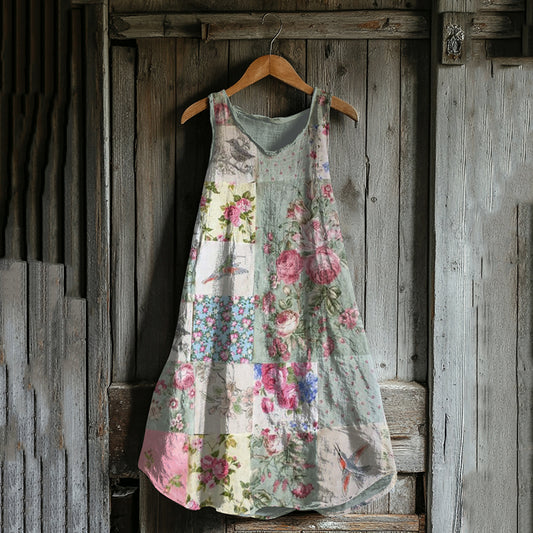 Vintage Floral And Birds Patchwork Art Linen Blend Tank Dress artswardrobe