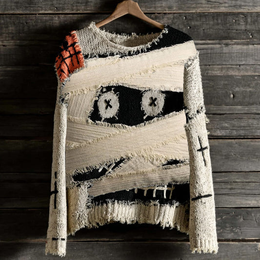 Halloween Mummy Spooky Face Cozy Knit Sweater elevenforest