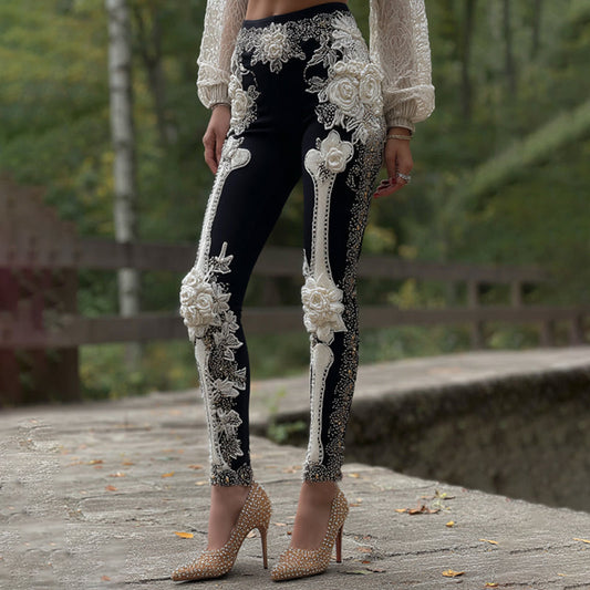 Vintage Halloween Skeleton Bones With Rose Art Leggings artswardrobe