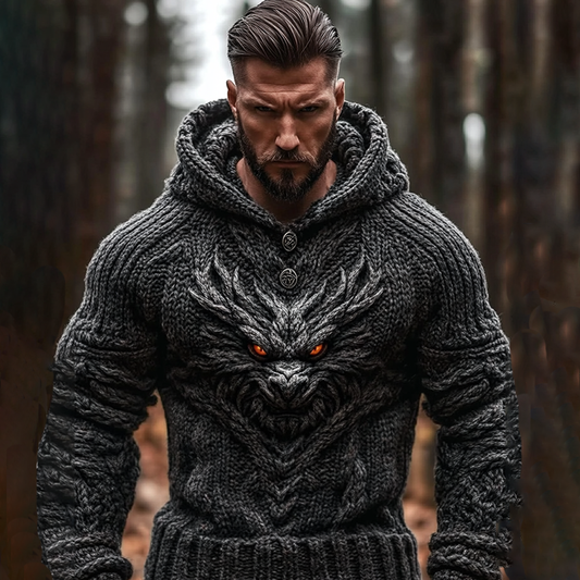 Men's Black Dragon Viking Celtic Chunky Hooded Sweater elevenforest