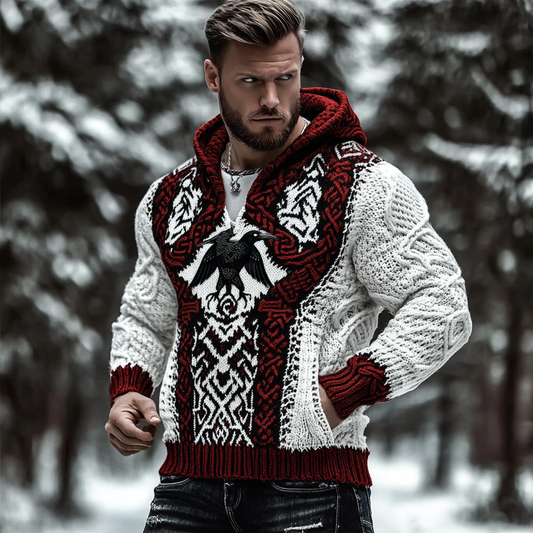 Vintage Viking Raven Rune Knit Jacquard Hooded Sweater elevenforest
