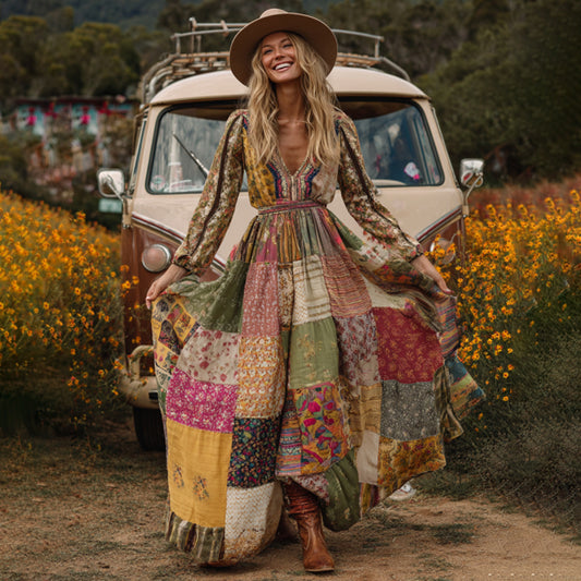 Countryside Style Collection Classy Patchwork Floral Pattern Art Linen Long Sleeve Maxi Dress artswardrobe
