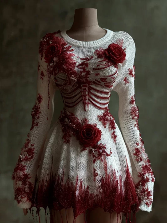 Comstylish Women's Halloween Skeleton Blood Red Rose Waist Round Neck Dress