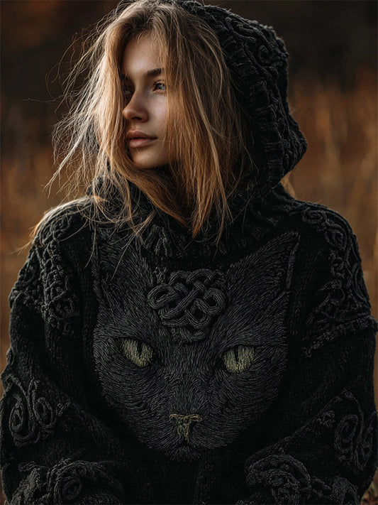 Comstylish Vintage Celtic Black Cat Cozy Knit Hooded Sweater