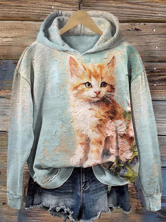 Cute Cat Floral Oil Painting Art Print Hoodie elevenforest