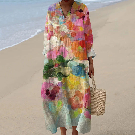 Women's Vintage Flowers Art Print Linen Dress artswardrobe