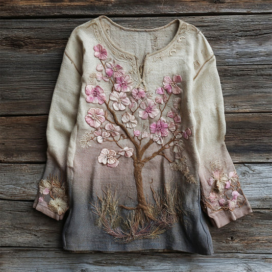 Vintage Floral Embroidery Women's Linen Long Sleeve Shirt artswardrobe