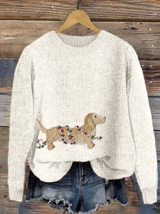 Comstylish Dachshund Dog Embroidery Cozy Knit Sweater