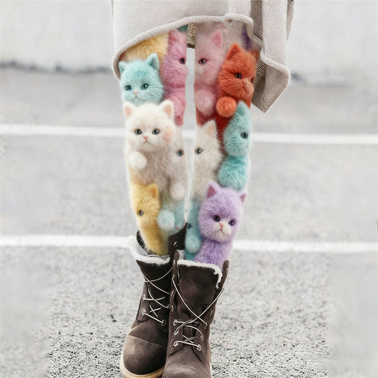 Comstylish Lovely Colorful Fuzzy Cats Cozy Knit Leggings