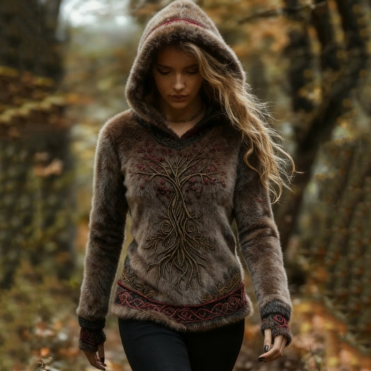Comstylish Women's Vintage Viking Tree Of Life Pattern Plush Cozy Hoodie