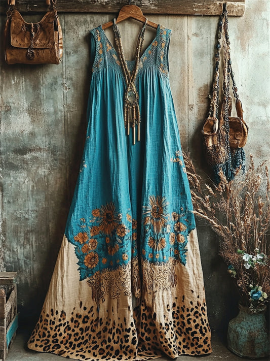 Boho Floral Leopard Contrast Turquoise Linen Maxi Dress artswardrobe