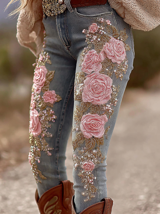 Women's Vintage Rose Floral Embroidery Art Jeans artswardrobe