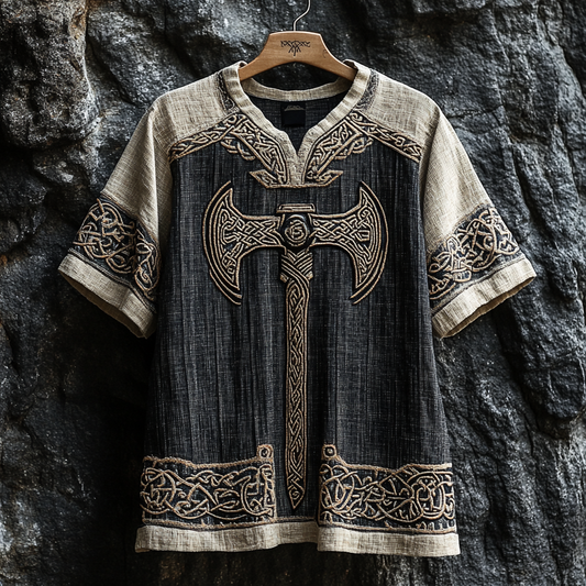 Men's Viking Runes Axe Celtic Patchwork Art Linen Shirt artswardrobe