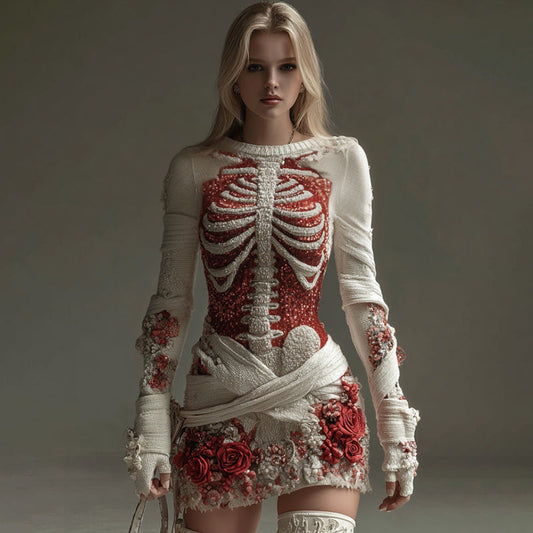 Women's Halloween Skeleton And Rose Art Round Neck Mini Skirt artswardrobe