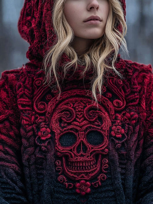 Vintage Spooky Skull Gradient Cozy Knit Hooded Sweater elevenforest