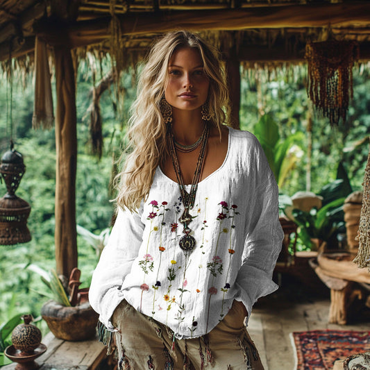 Comstylish Retro Bohemian Resort Floral Pattern Art Embroidery Print Cotton And Linen Blend Loose Blouse