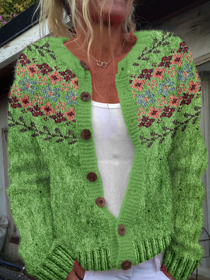 Vintage Icelandic Floral Art Print Cozy Button Sweater elevenforest