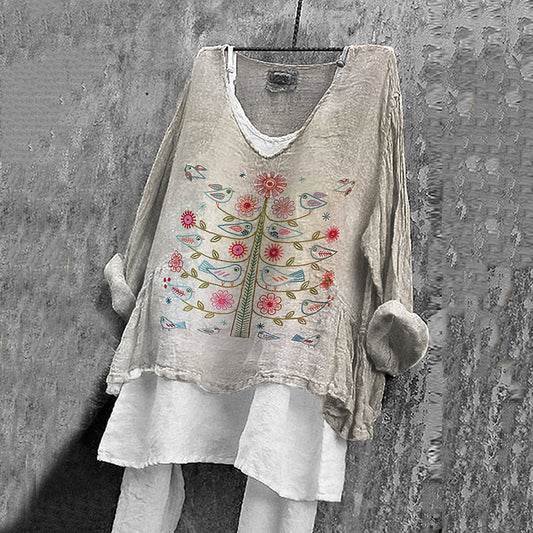 Comstylish Women's Vintage Bird On Tree Embroidery Pattern Comfortable Shirt