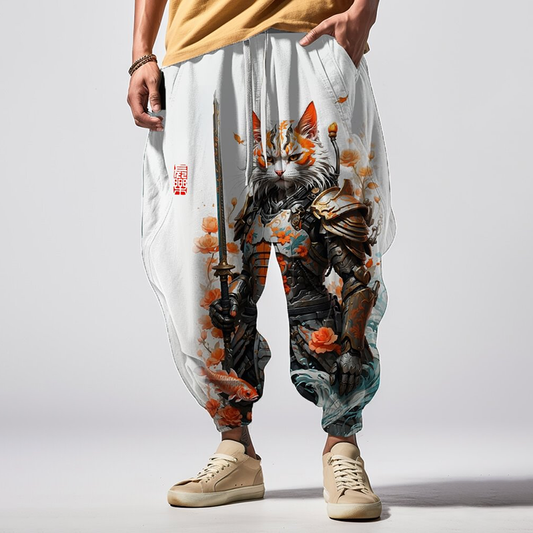Japanese Art Lucky Koi Cat Shogun Art Print Casual Loose Sweatpants elevenforest